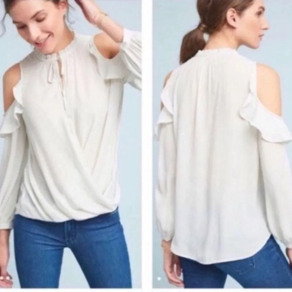 Anthropologie Maeve Liesel Mint Wrap Ruffle Cold Shoulder Blouse Medium - Picture 2 of 9